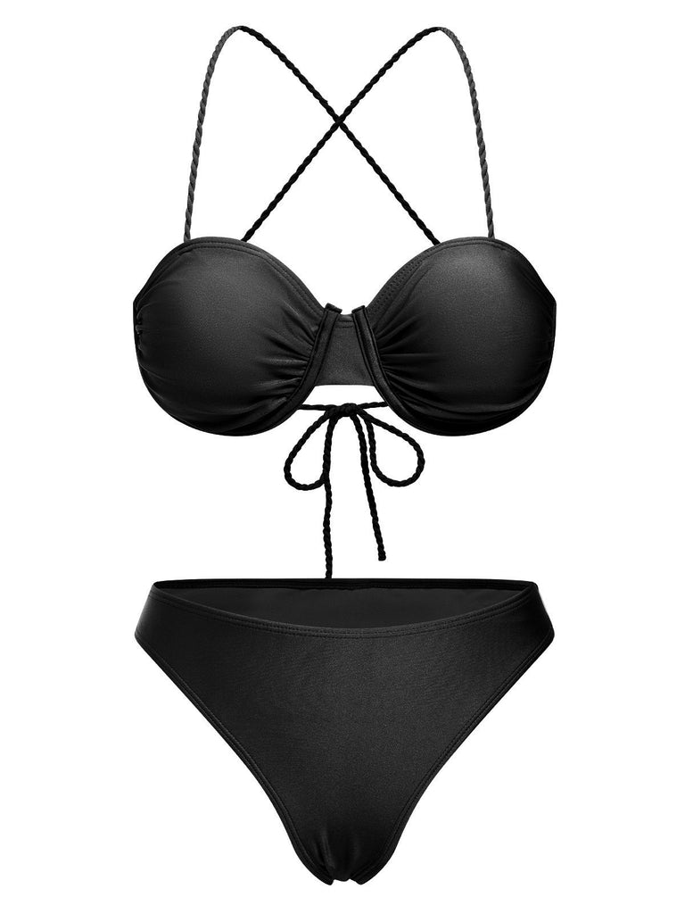 3PCS 1930s Spaghetti Strap Solid Bikini Set