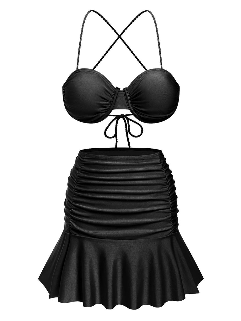 3PCS 1930s Spaghetti Strap Solid Bikini Set