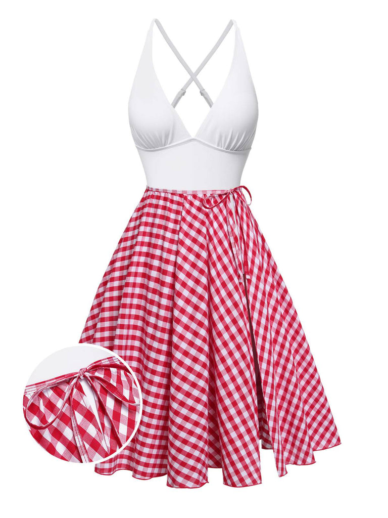 [Pre-Sale] 2PCS 1950s White One-Piece Swimsuit & Red Plaid Lace-Up Skirt