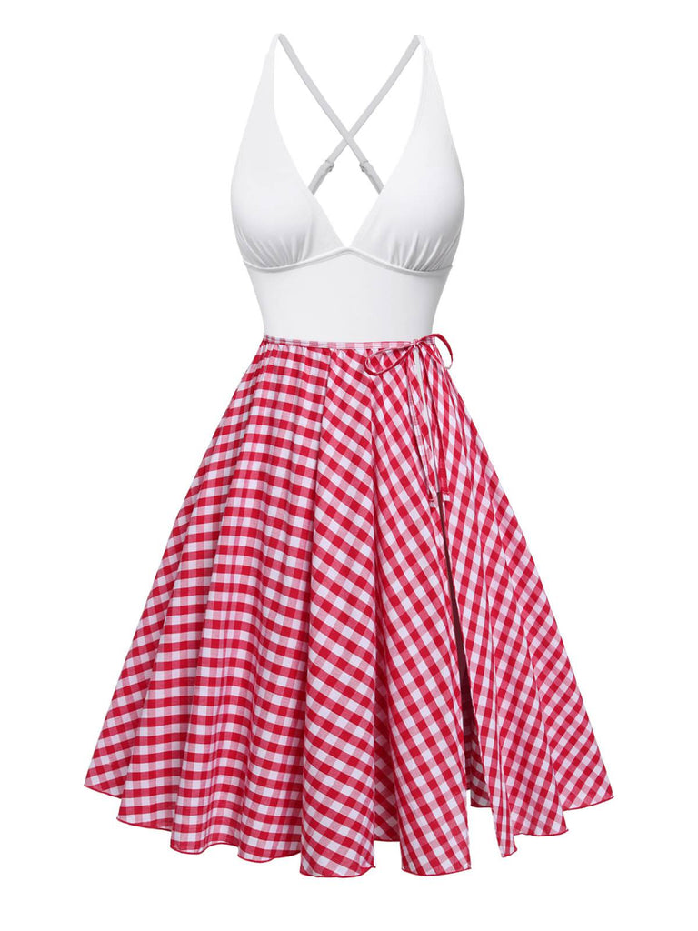 [Pre-Sale] 2PCS 1950s White One-Piece Swimsuit & Red Plaid Lace-Up Skirt