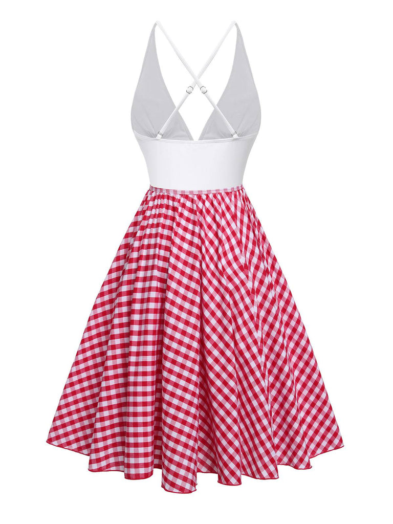 [Pre-Sale] 2PCS 1950s White One-Piece Swimsuit & Red Plaid Lace-Up Skirt