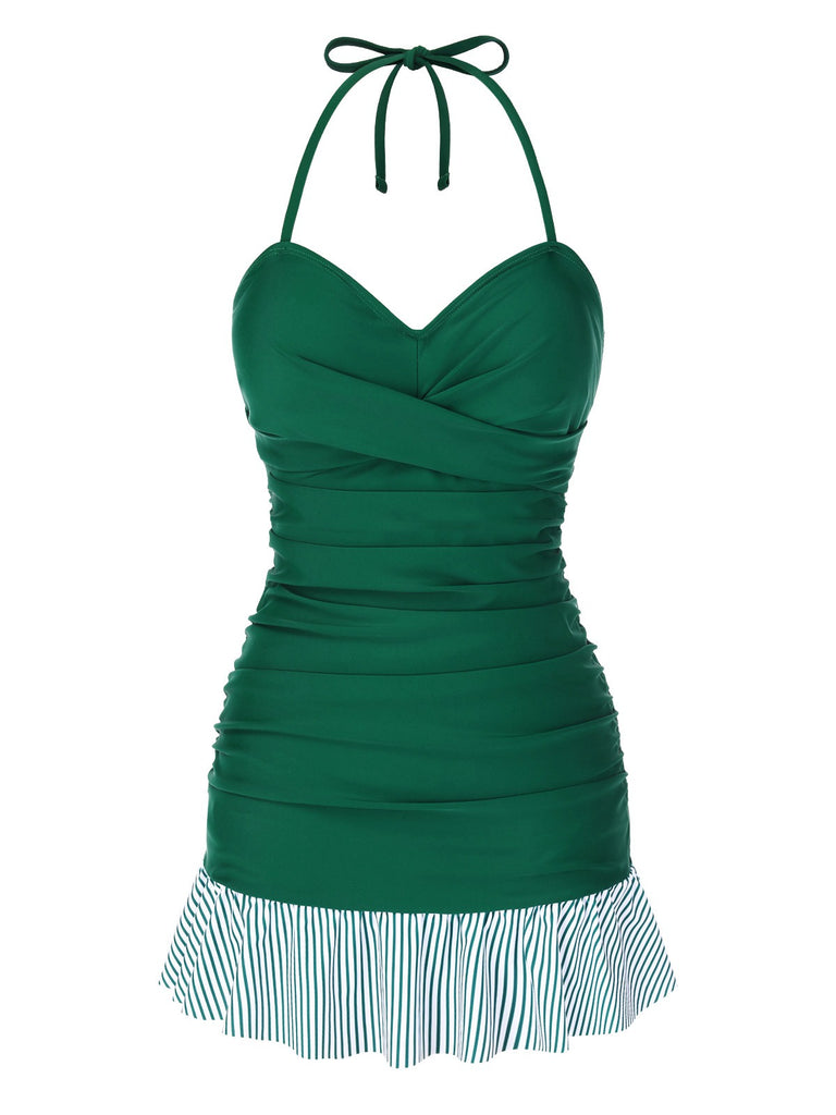 [Pre-Sale] Green 1930s Striped Ruffles Ruched Halter Swimsuit