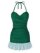 [Pre-Sale] Green 1930s Striped Ruffles Ruched Halter Swimsuit