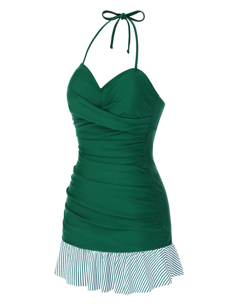 [Pre-Sale] Green 1930s Striped Ruffles Ruched Halter Swimsuit