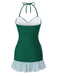 [Pre-Sale] Green 1930s Striped Ruffles Ruched Halter Swimsuit