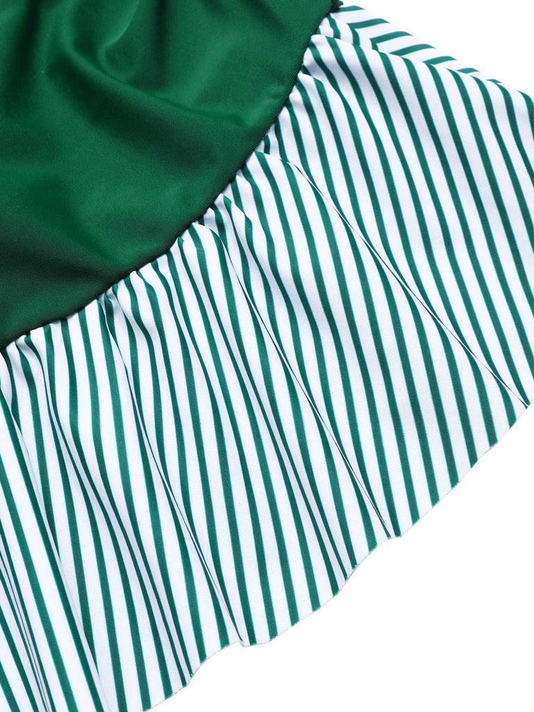 [Pre-Sale] Green 1930s Striped Ruffles Ruched Halter Swimsuit