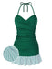 [Pre-Sale] Green 1930s Striped Ruffles Ruched Halter Swimsuit