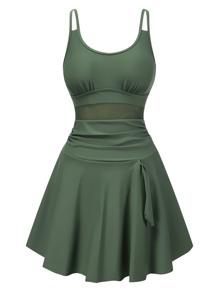 Green 1930s Solid Bow Straps Swim Dress