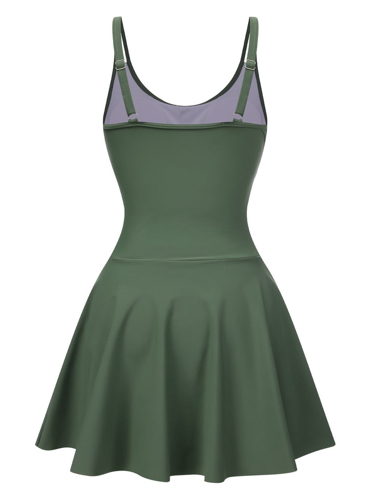 Green 1930s Solid Bow Straps Swim Dress