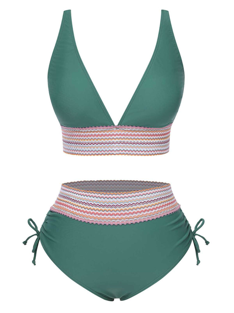 1970s V-Neck Patchwork High-Waist Bikini