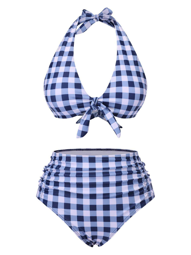 Blue 1950s Halter High-Waist Plaids Swimsuit