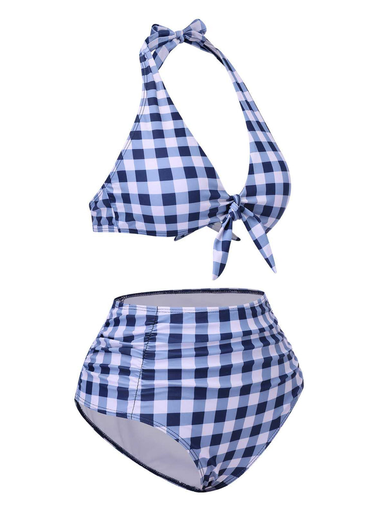 Blue 1950s Halter High-Waist Plaids Swimsuit