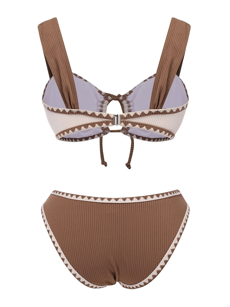 Beige 1960s Solid Wide Strap Swimsuit