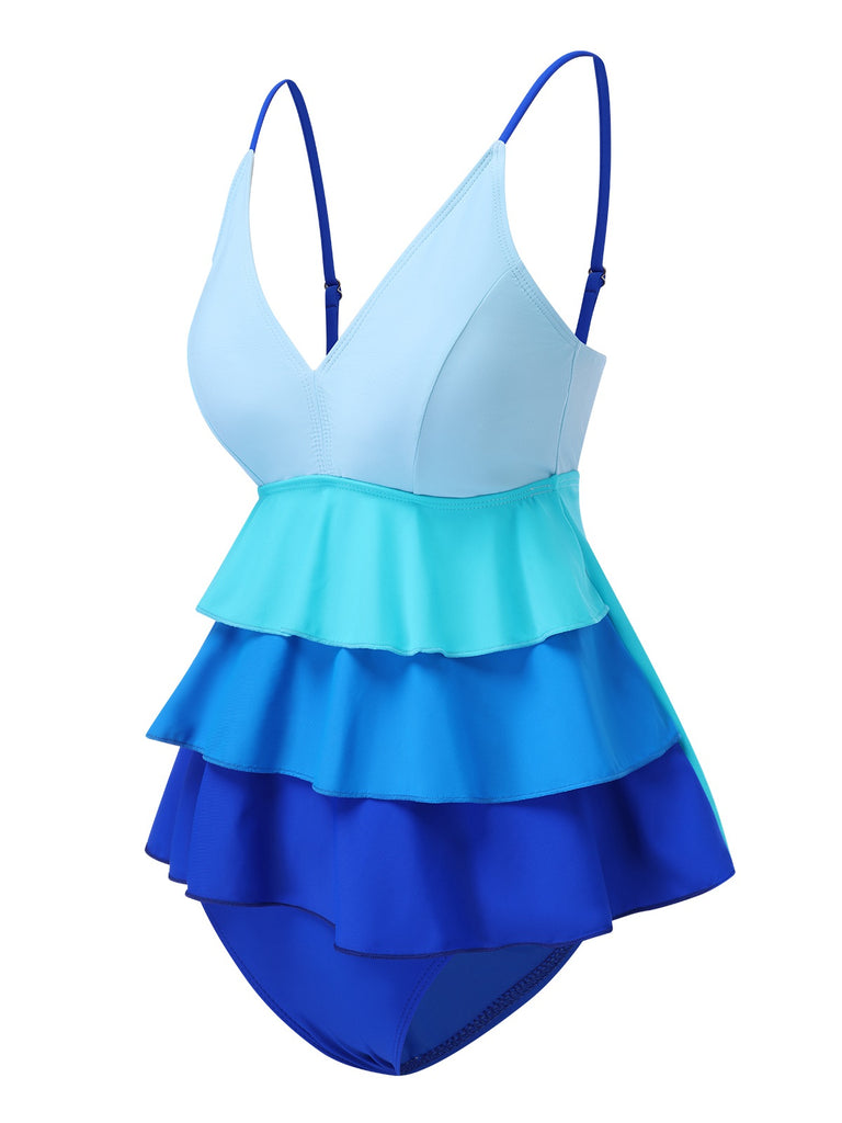 Blue 1940s Gradient Layered Flare Hem Swimsuit