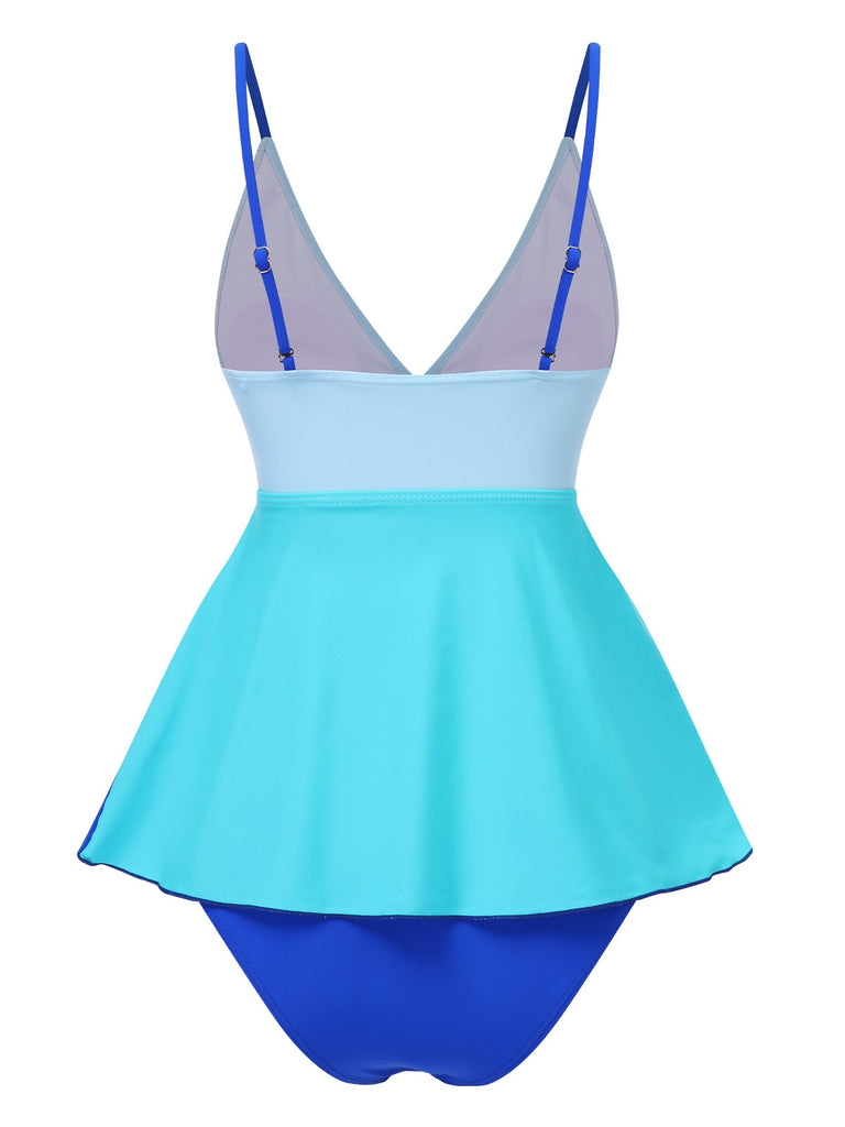 Blue 1940s Gradient Layered Flare Hem Swimsuit