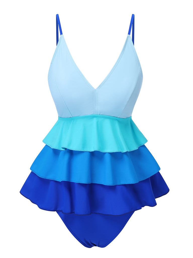 Blue 1940s Gradient Layered Flare Hem Swimsuit