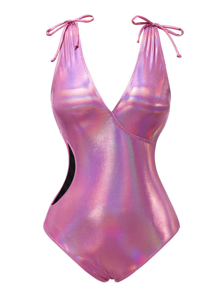 [Pre-Sale] Pink 1970s Bow Deep V Gloss Hollow Swimsuit