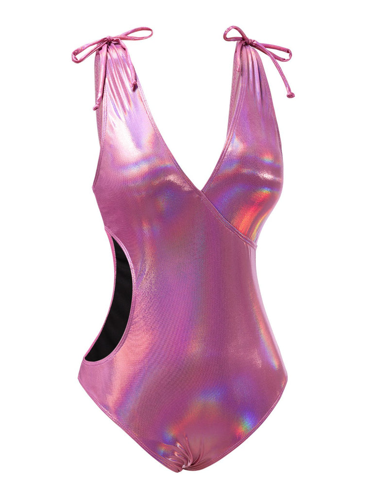 [Pre-Sale] Pink 1970s Bow Deep V Gloss Hollow Swimsuit