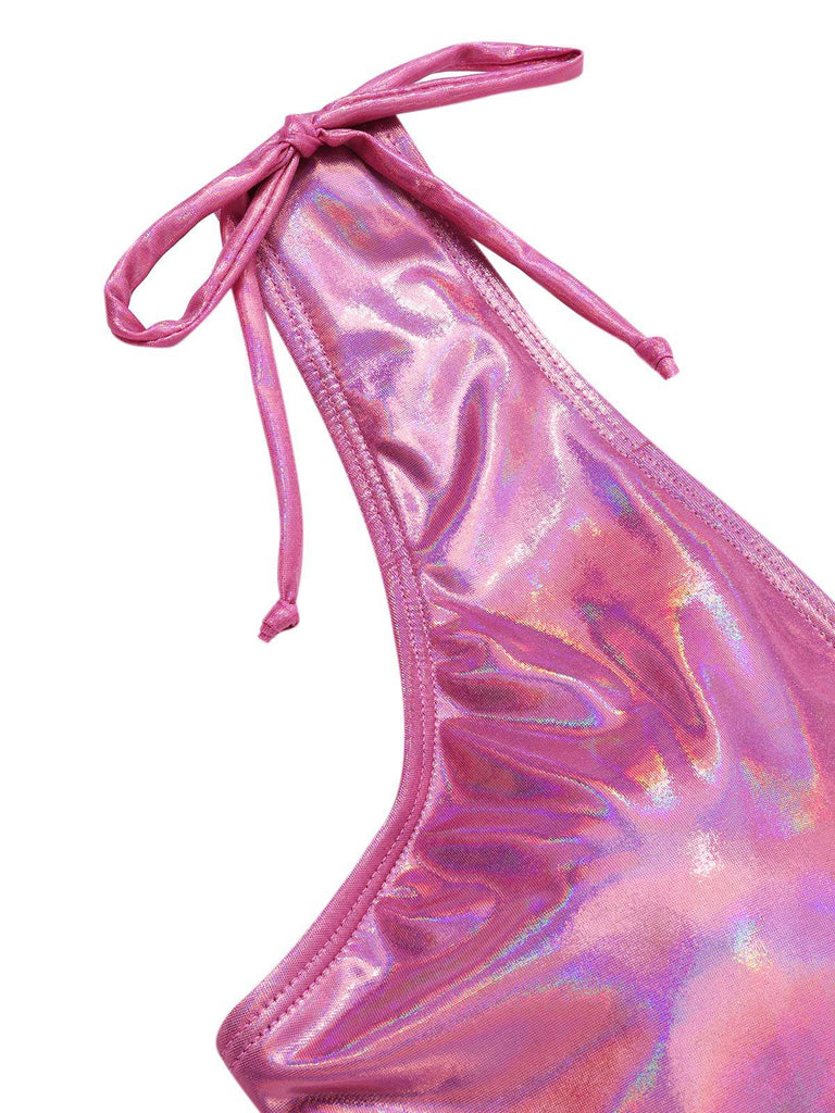 [Pre-Sale] Pink 1970s Bow Deep V Gloss Hollow Swimsuit