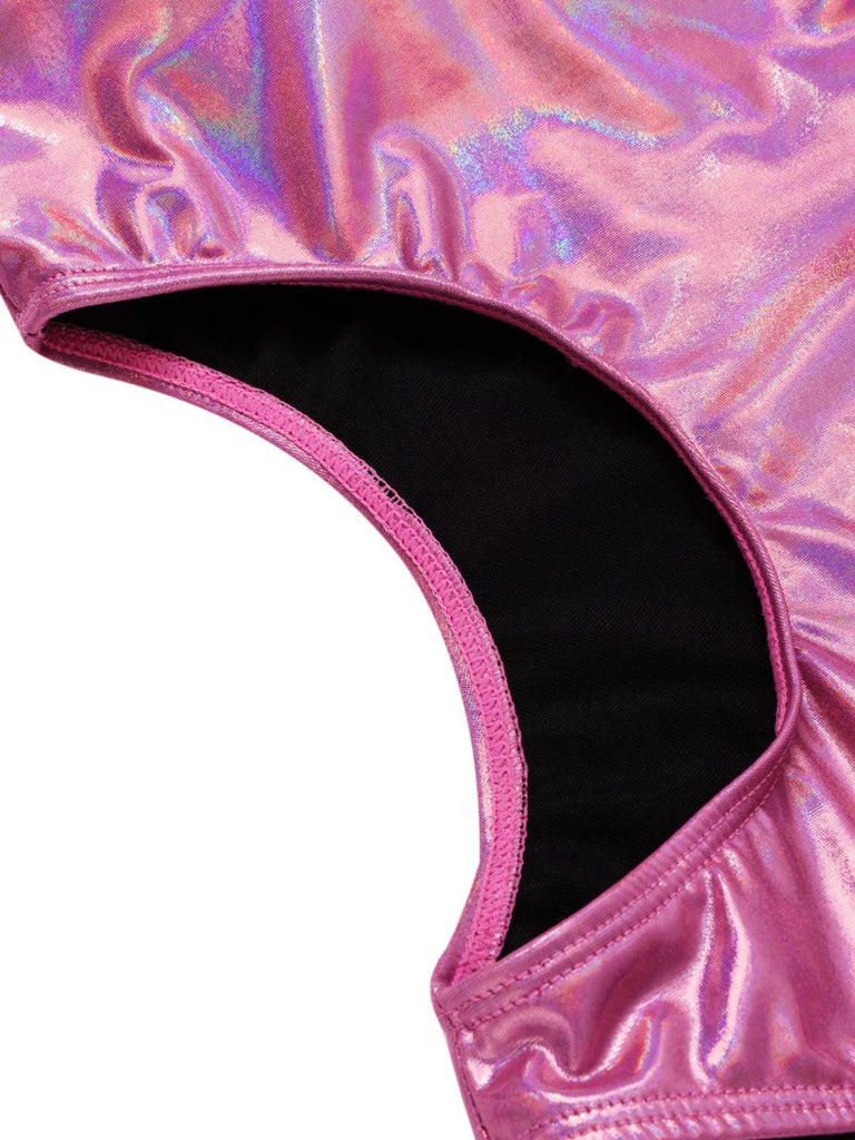 [Pre-Sale] Pink 1970s Bow Deep V Gloss Hollow Swimsuit