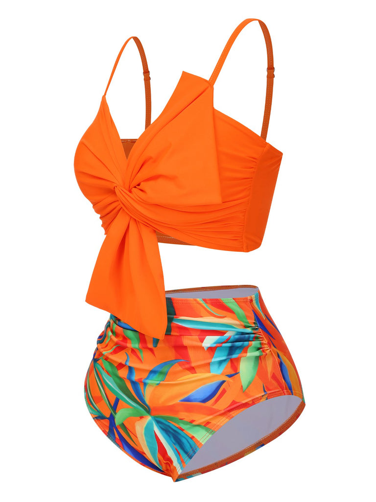 Orange 1930s Tied Tropical Plant Straps Swimsuit