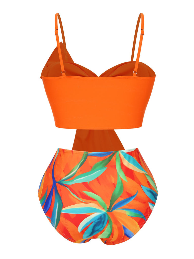 Orange 1930s Tied Tropical Plant Straps Swimsuit