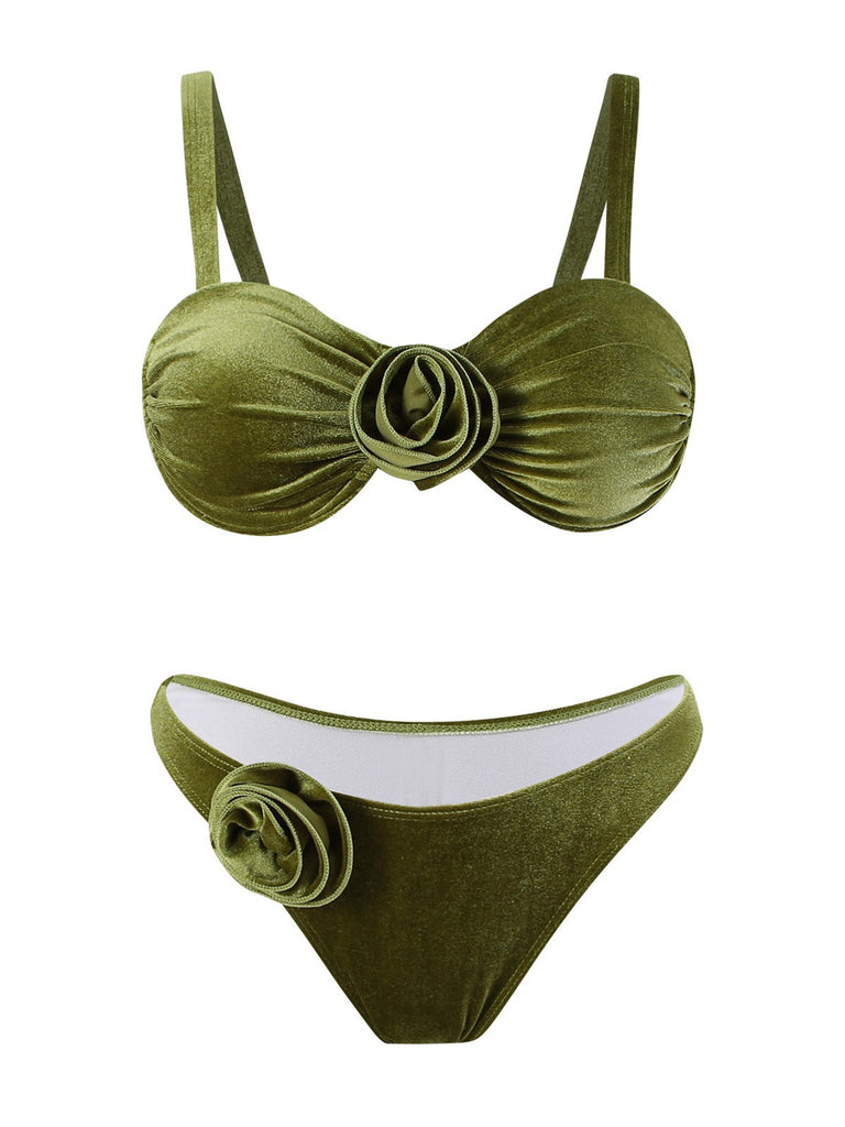 Green 1960s Solid Velvet 3D Rose Bikini Set