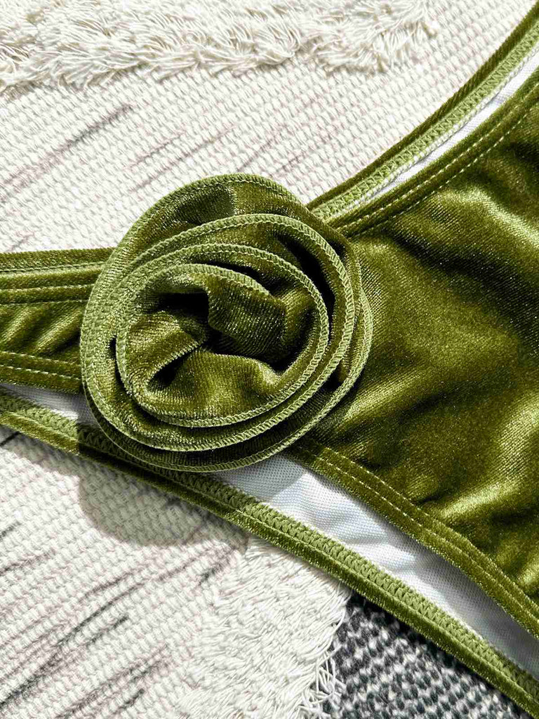 Green 1960s Solid Velvet 3D Rose Bikini Set