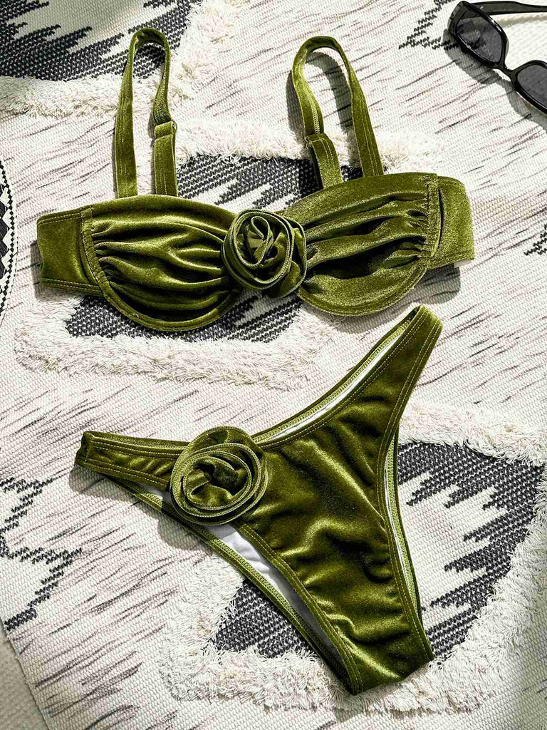 Green 1960s Solid Velvet 3D Rose Bikini Set