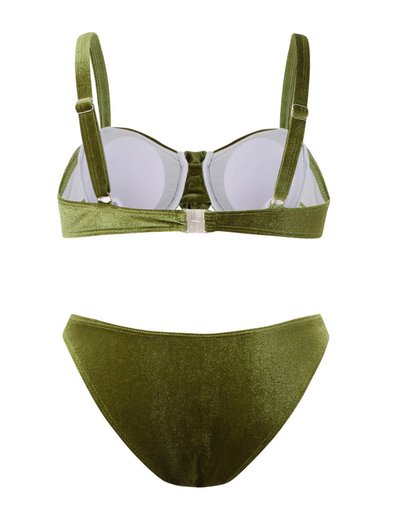 Green 1960s Solid Velvet 3D Rose Bikini Set