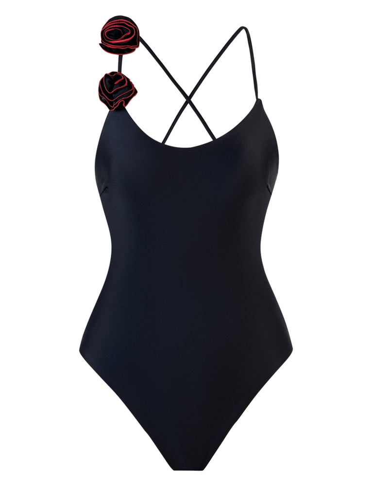 1940s 3D Rose Back Cross Straps Swimsuit