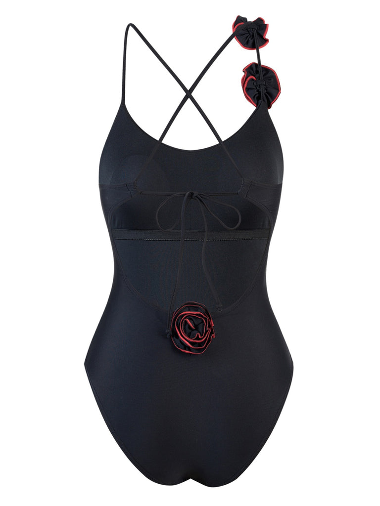 1940s 3D Rose Back Cross Straps Swimsuit