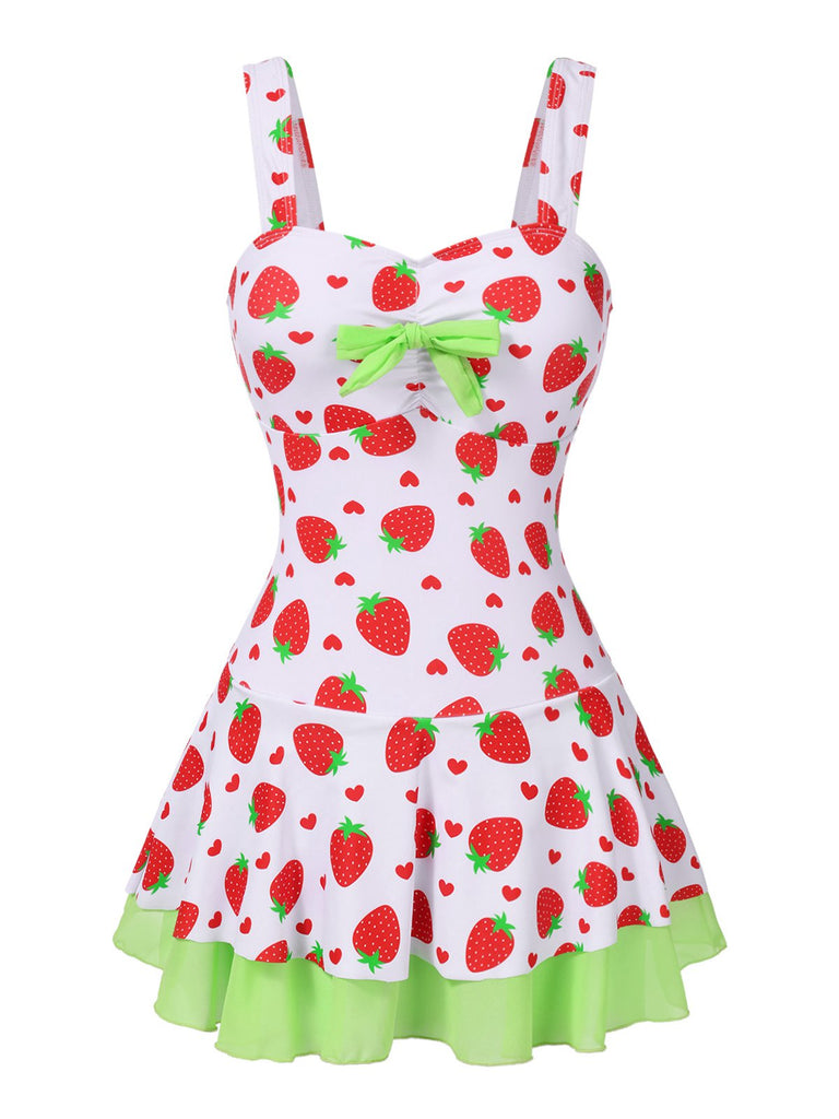 [Pre-Sale] Red & Green 1940s Strawberry Bow Swim Dress