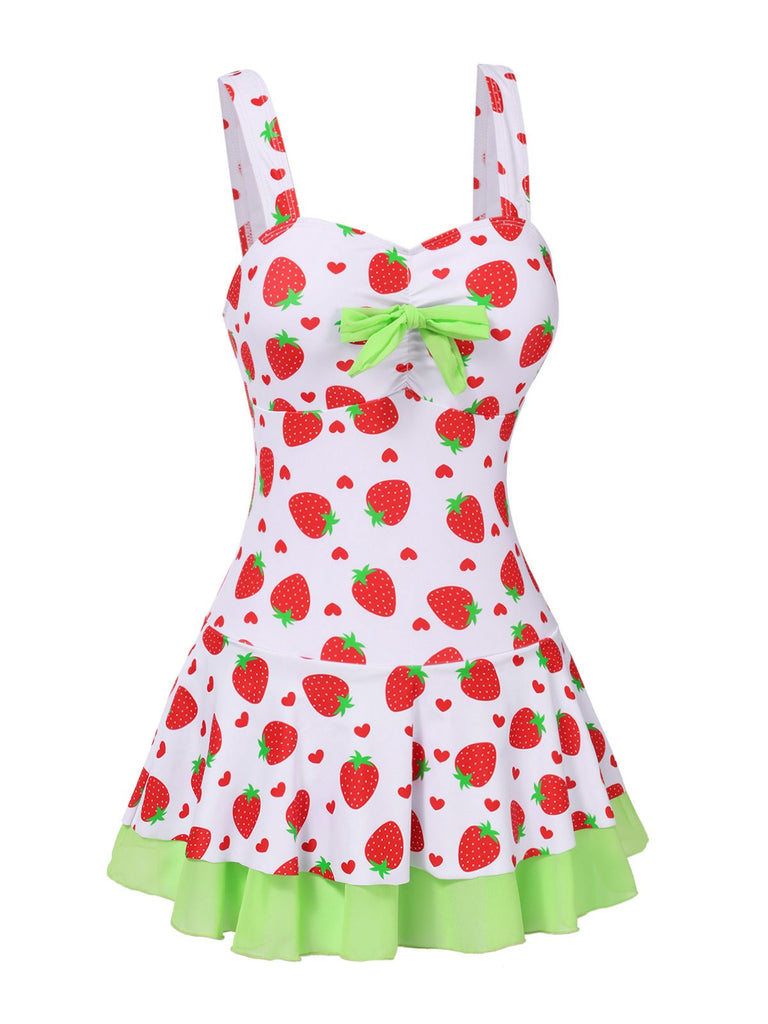 [Pre-Sale] Red & Green 1940s Strawberry Bow Swim Dress