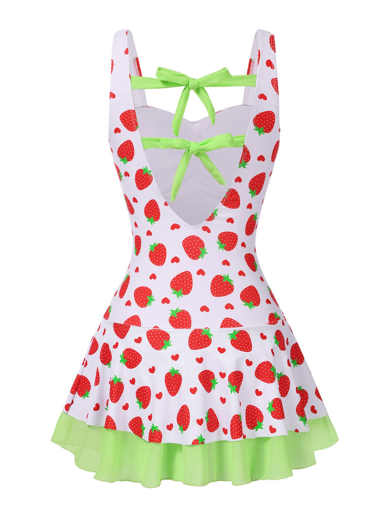 [Pre-Sale] Red & Green 1940s Strawberry Bow Swim Dress