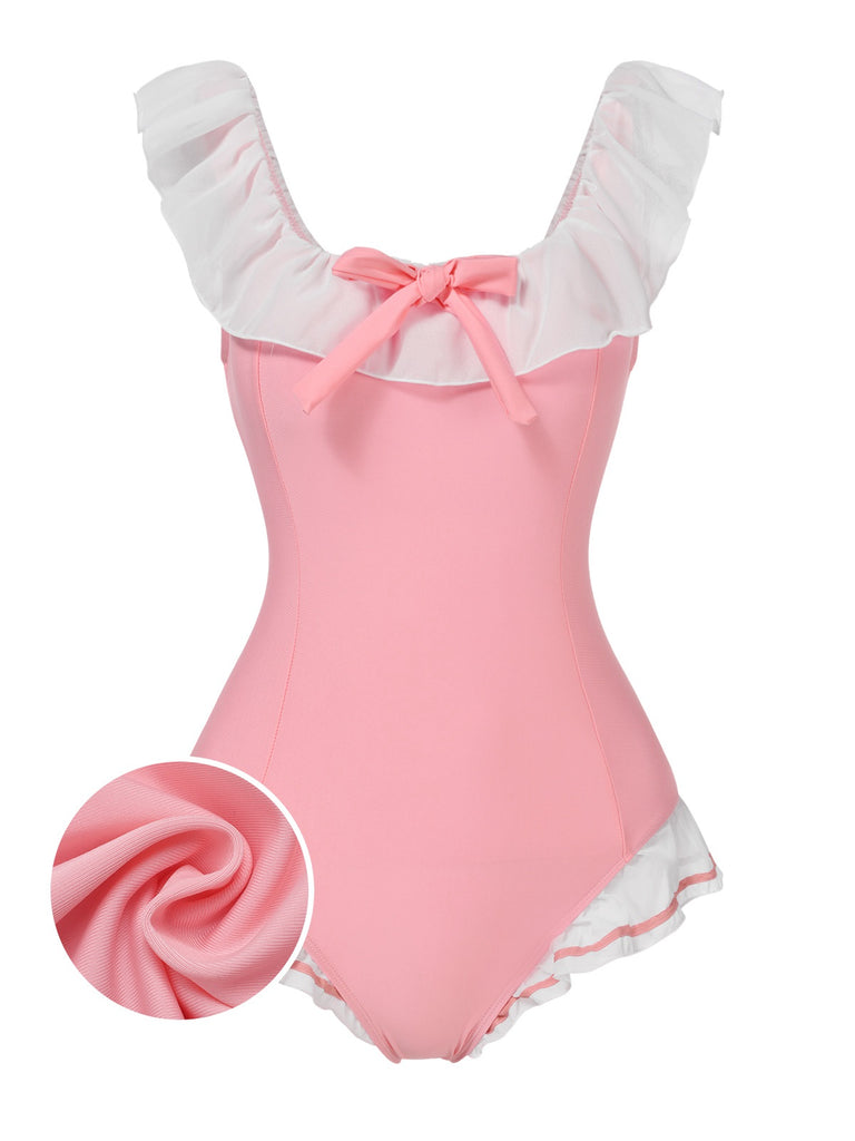 [Pre-Sale] Pink 1950s Bowknot Lapel One-Piece Swimsuit