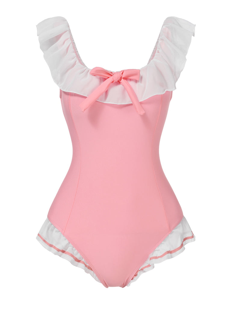 [Pre-Sale] Pink 1950s Bowknot Lapel One-Piece Swimsuit