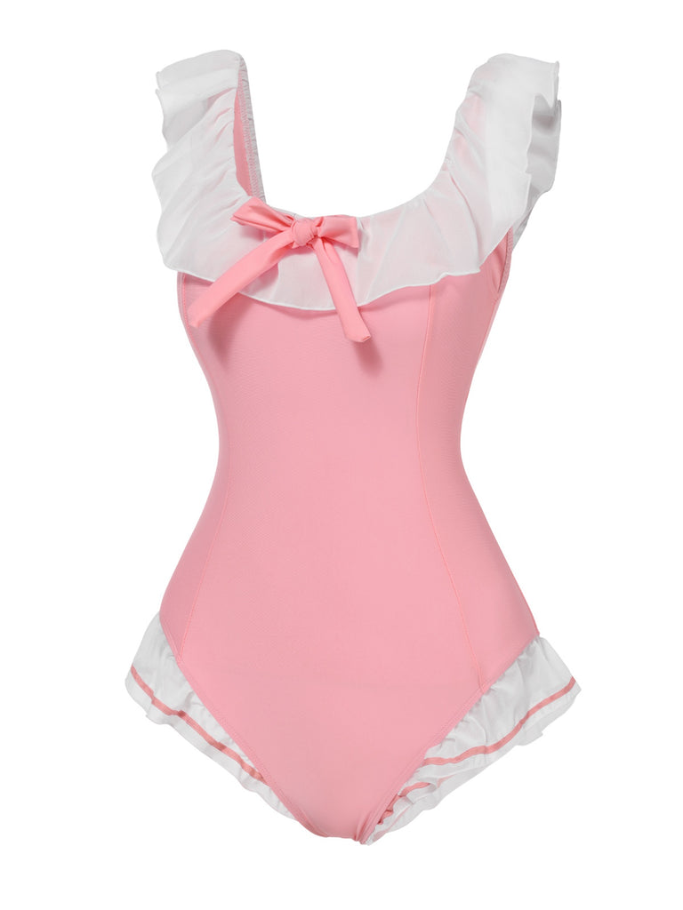 [Pre-Sale] Pink 1950s Bowknot Lapel One-Piece Swimsuit