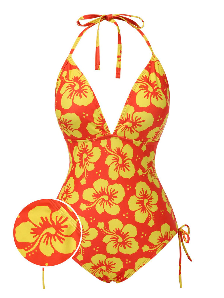 [Pre-Sale] Yellow 1960s Floral Lace-Up Halter Swimsuit