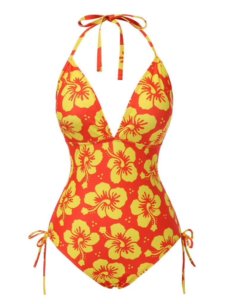 [Pre-Sale] Yellow 1960s Floral Lace-Up Halter Swimsuit