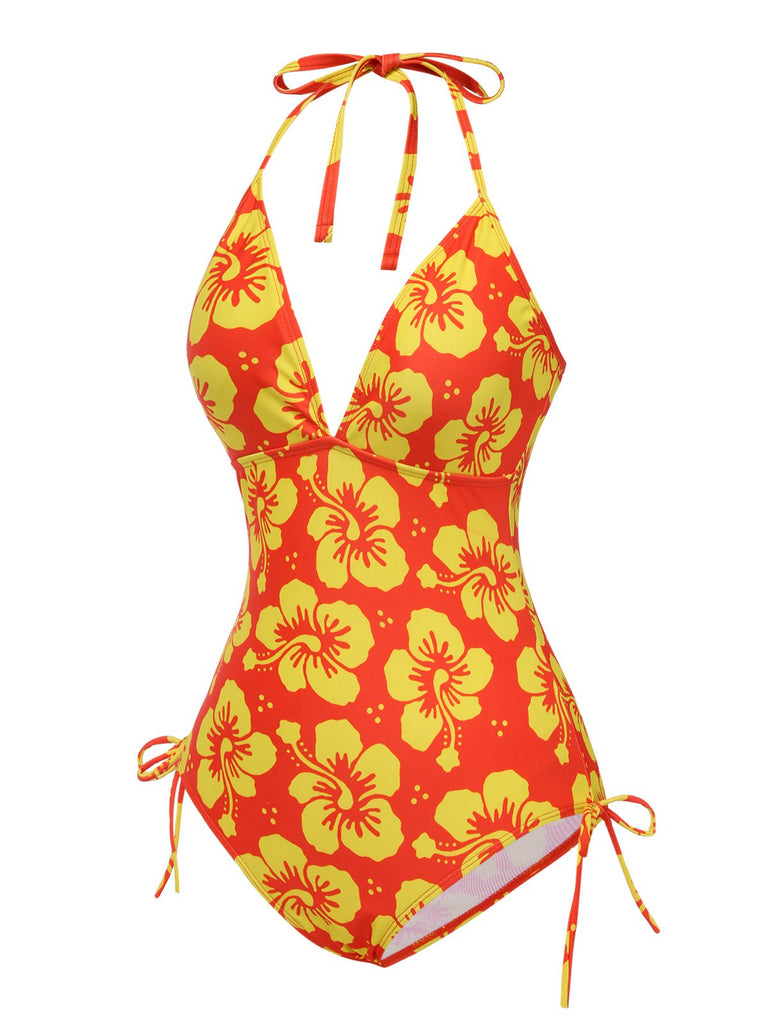 [Pre-Sale] Yellow 1960s Floral Lace-Up Halter Swimsuit