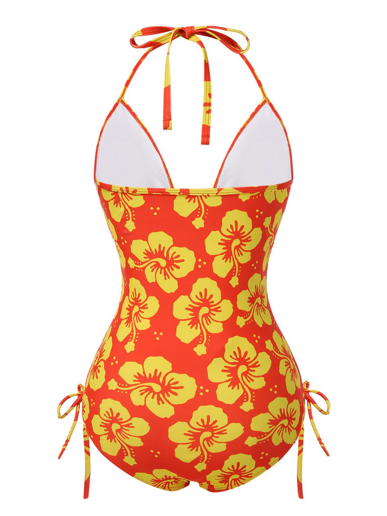 [Pre-Sale] Yellow 1960s Floral Lace-Up Halter Swimsuit