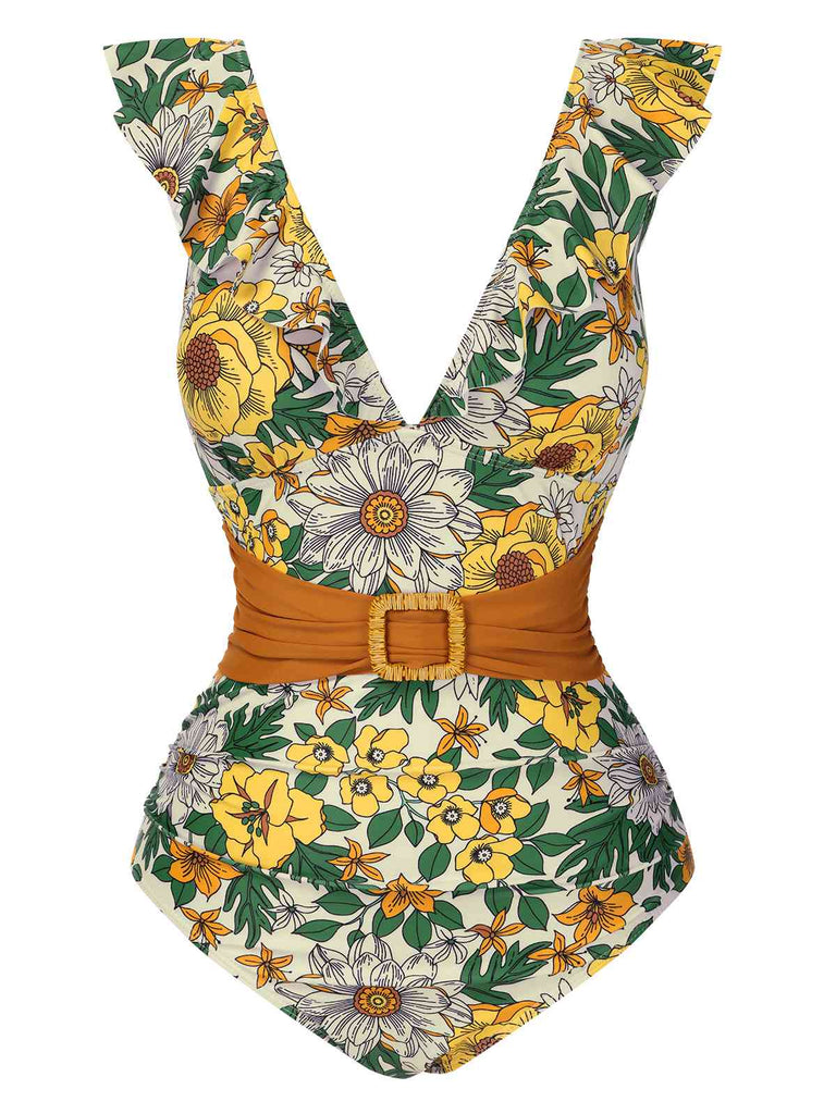 Multicolor 1950s Floral Ring Belted Ruffles Swimsuit