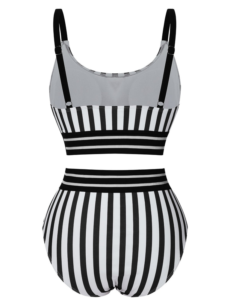 1950s U-Neck Vertical Stripes Straps Swimsuit