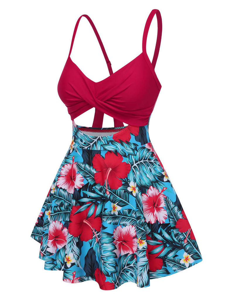 Multicolor 1940s Floral Hollow Straps Swim Dress