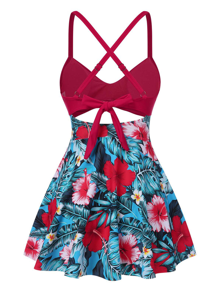 Multicolor 1940s Floral Hollow Straps Swim Dress