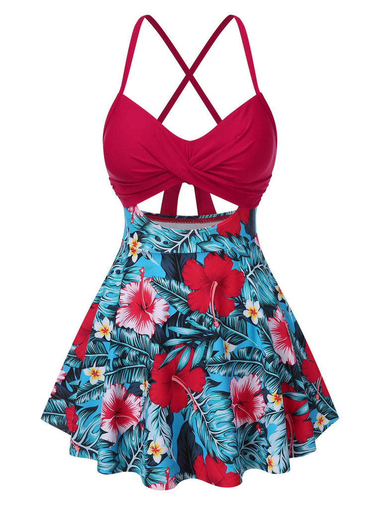 Multicolor 1940s Floral Hollow Straps Swim Dress