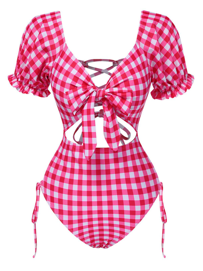 Red 1950s Gingham Plaid Hollow Puff Swimsuit