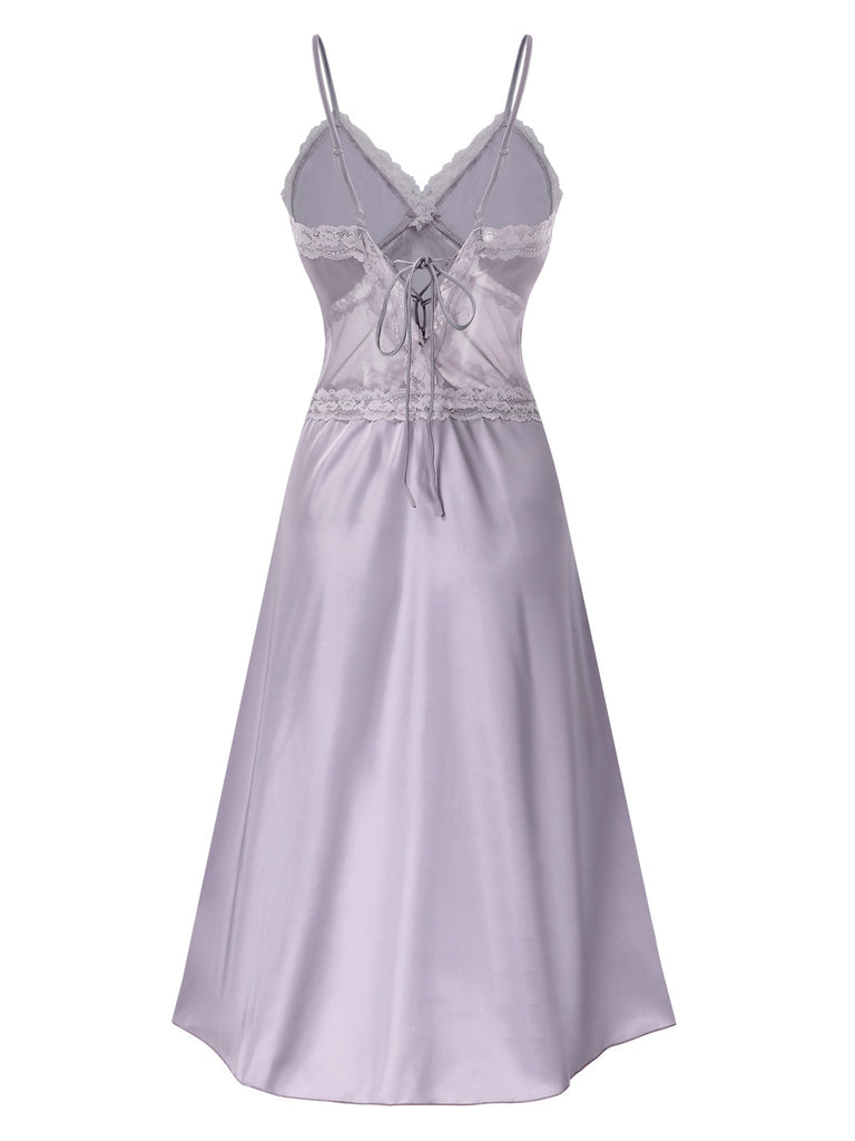 Purple 1930s Straps Lace Patchwork Satin Nightgown