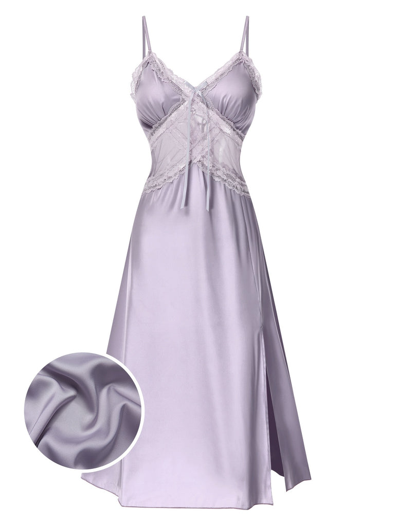 Purple 1930s Straps Lace Patchwork Satin Nightgown